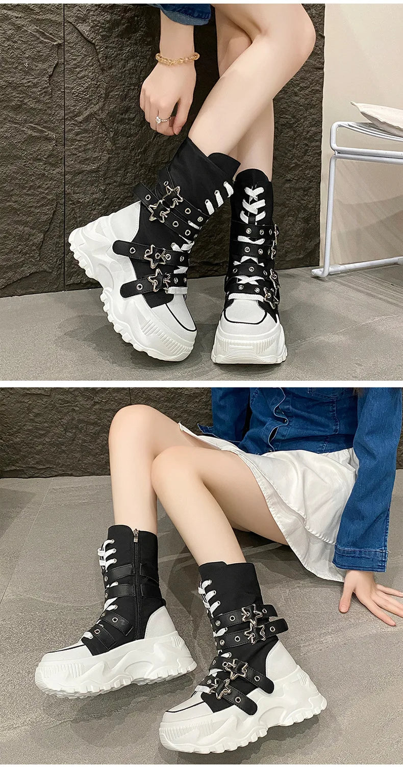 Women's Platform Boots New Round Head Belt Buckle Locomotive Boots European and American Thick-soled Boots for Women Botas Mujer