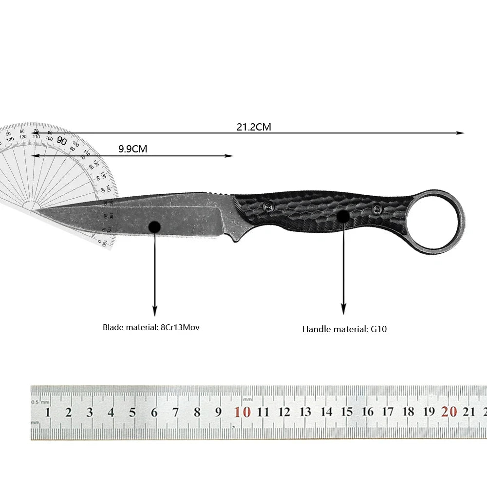 Tactical Straight Fixed Knife 8Cr13Mov Black Stonewashed Blade G10 Handle with Kydex Sheath Sharp Outdoor Camping EDC Tool