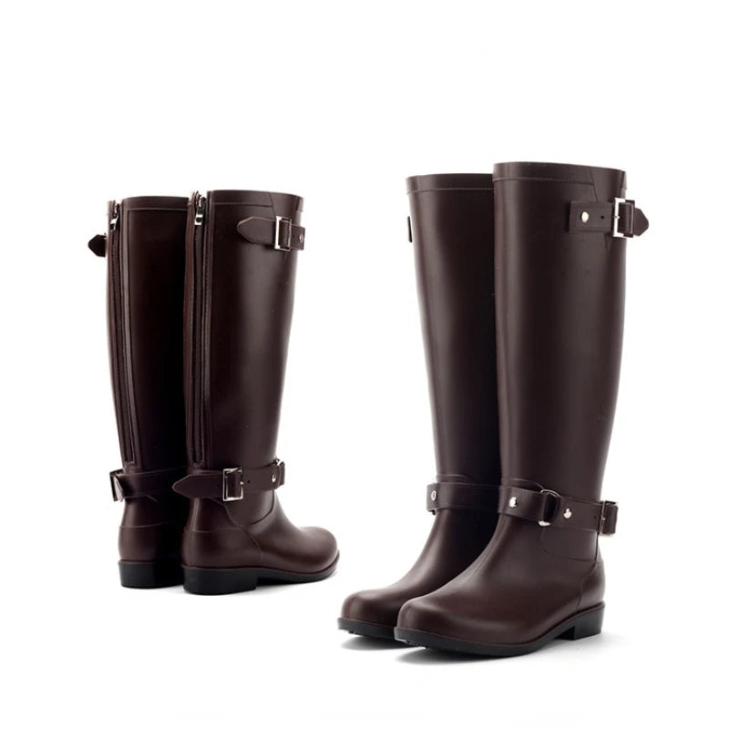 Rubber Boots for Women Waterproof Work Fashion Back Zipper Round Toe High Rain Boots Woman Water Shoes Botas De Caza Espanolas