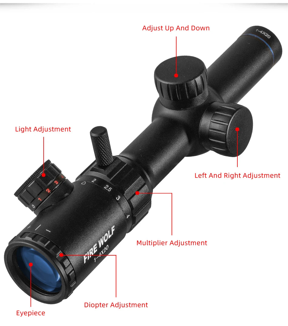 FIRE WOLF 1-4x20 Rifle Scope Green Red Illuminated Riflescope Range Finder Reticle Rifle Scope Air Rifle Optical Sight Hunting