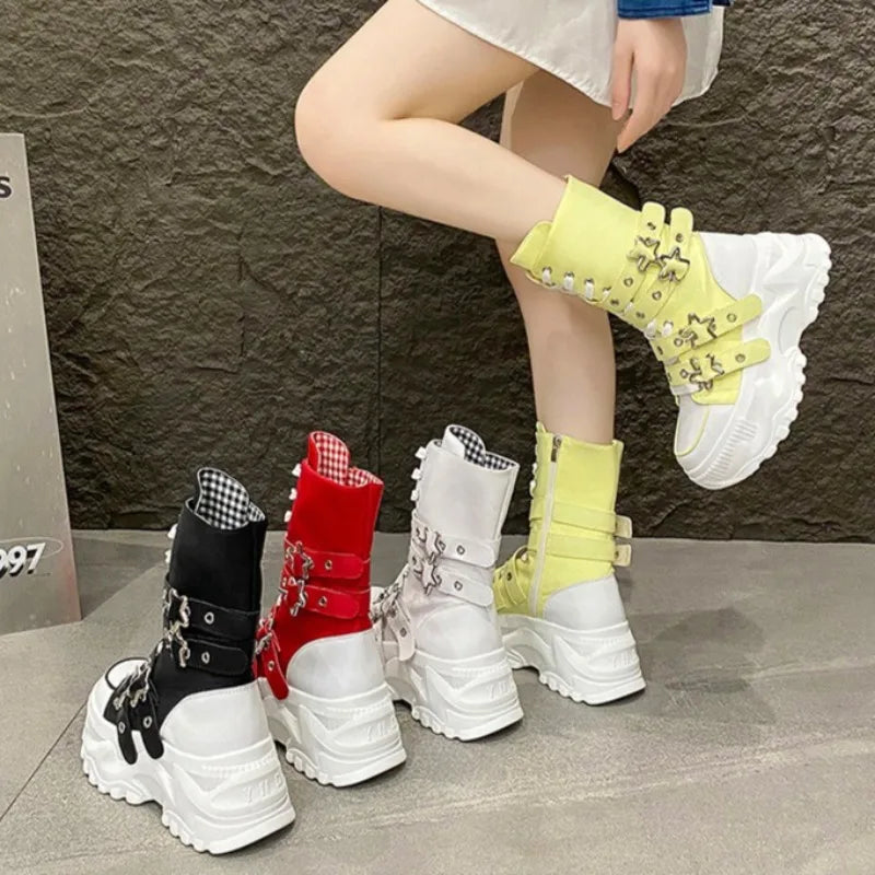 Women's Platform Boots New Round Head Belt Buckle Locomotive Boots European and American Thick-soled Boots for Women Botas Mujer