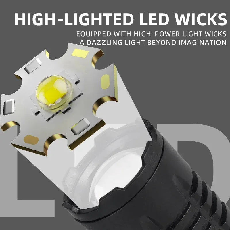 Tactical LED Flashlight High Power USB Rechargeable Camping Torch with Telescopic Zoom Emergency Spotlight Built-in Battery