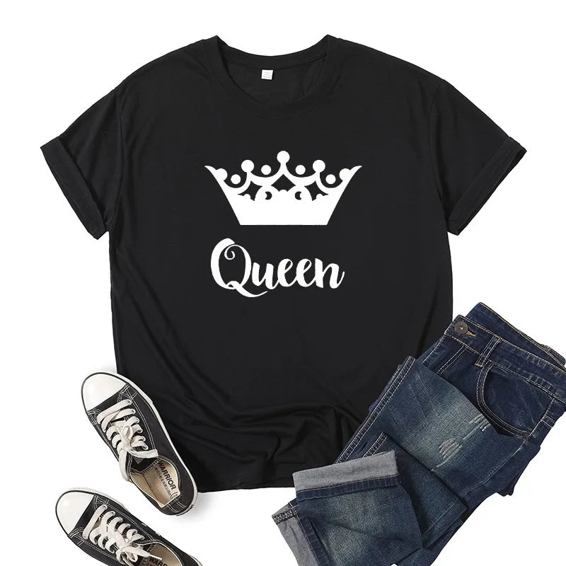 King Queen Crown Print Couple T Shirt Short Sleeve O Neck Wo Women Clothing Graphic T Shirts