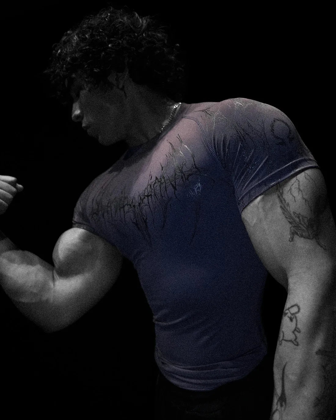 GYM T-shirt Men's Dark Gothic Print Muscle Tee High Elasticity And Quick Drying Exercise For Bodybuilding Training 2025 Summer