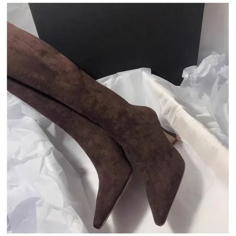 Pointed Toe Knee-High Boot Sexy Thigh High Boots Womens Side Zipper Suede Elastic High Heels Modern Shoe Zapatos De Mujer