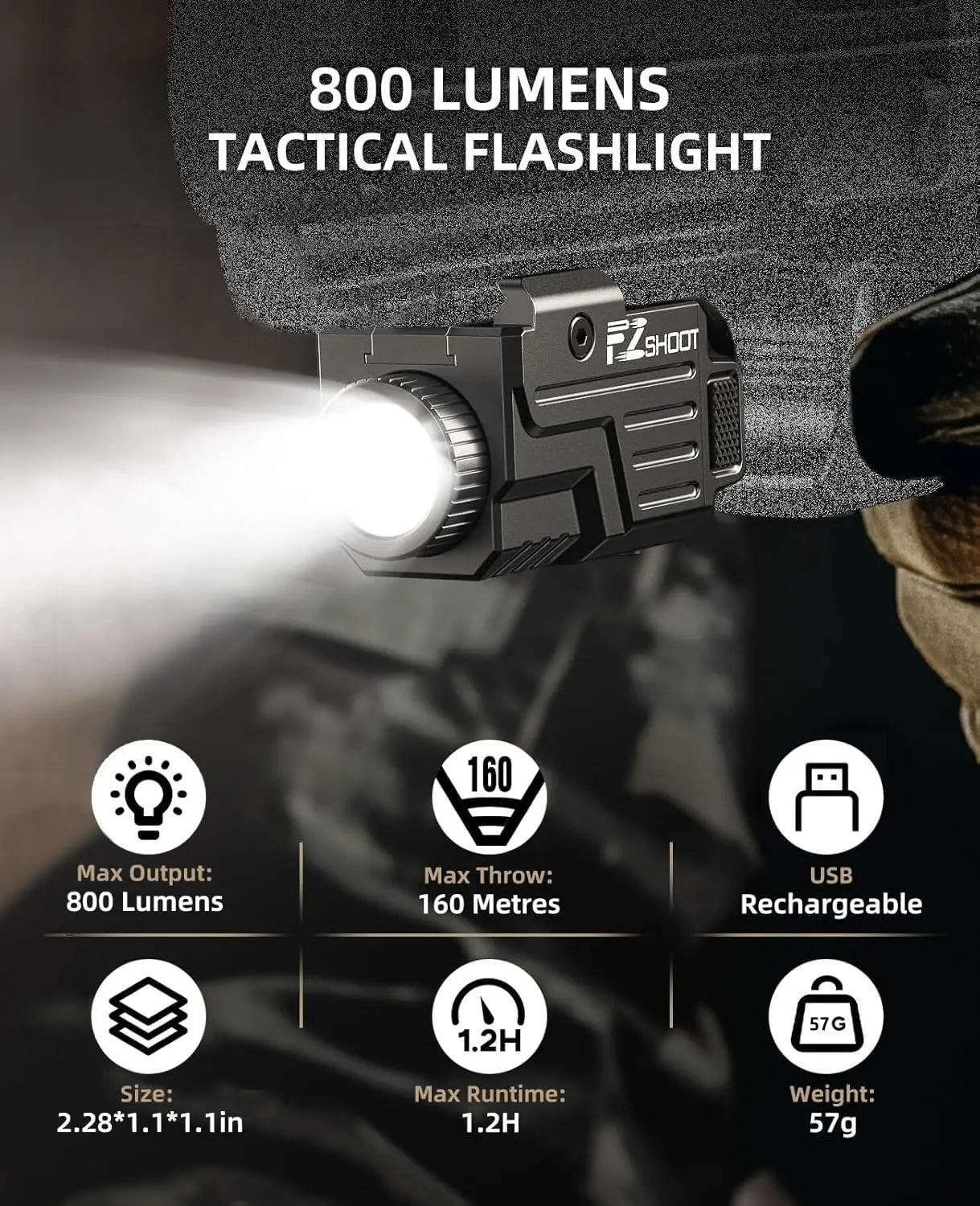 Tactical Flashlight 800 Lumens LED Light with Pistol Picatinny and GL Rails USB Rechargeable Strobe Mode