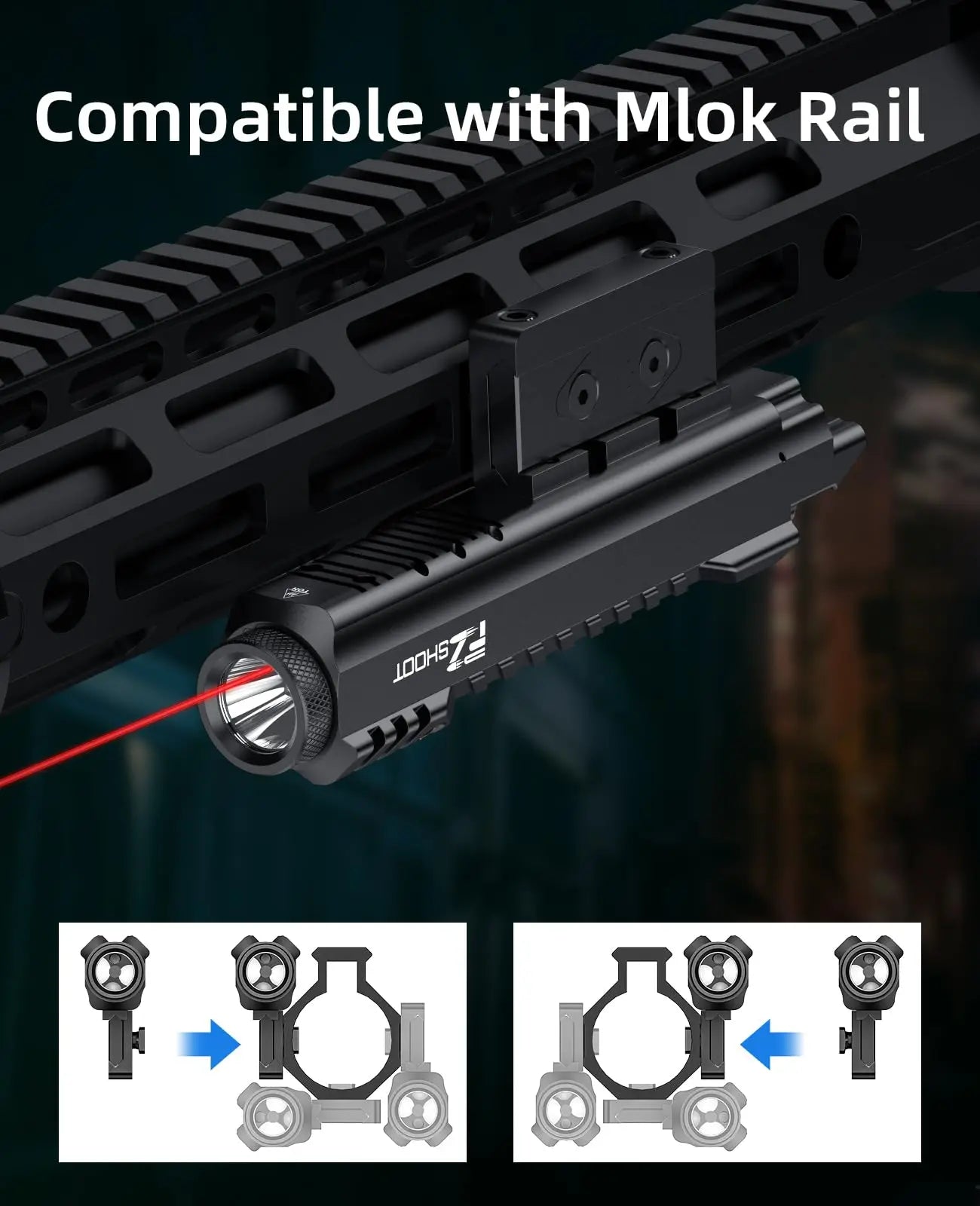 Tactical Flashlight 2400 Lumens Rifle Laser Light Rechargeable Picatinny and M-Rail Red Light Laser Beam Strobe Mode