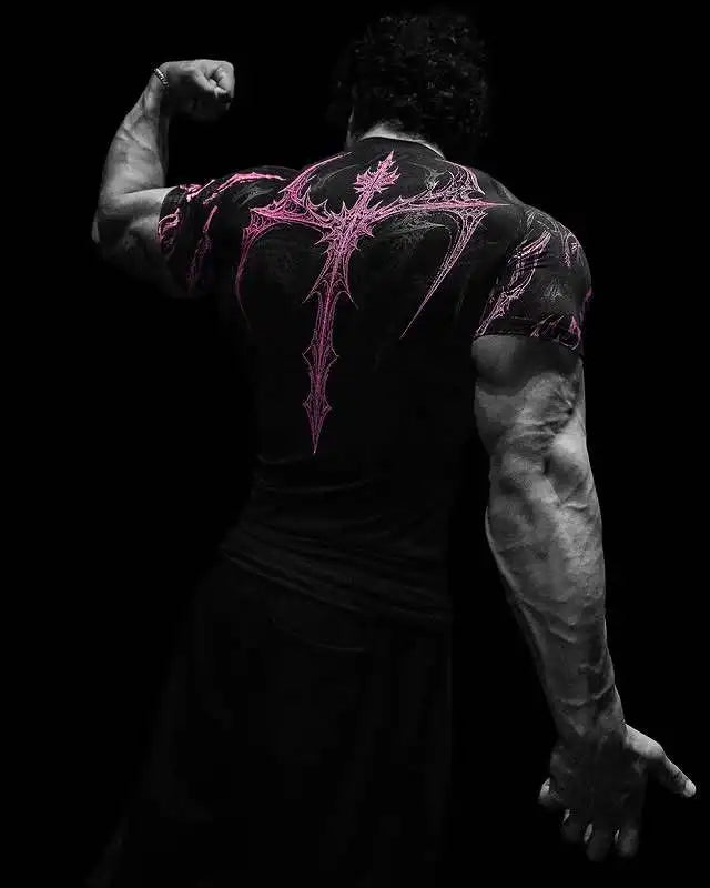 GYM T-shirt Men's Dark Gothic Print Muscle Tee High Elasticity And Quick Drying Exercise For Bodybuilding Training 2025 Summer