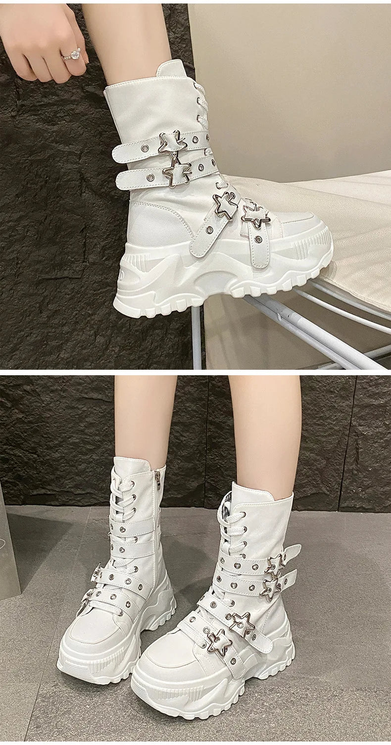 Women's Platform Boots New Round Head Belt Buckle Locomotive Boots European and American Thick-soled Boots for Women Botas Mujer