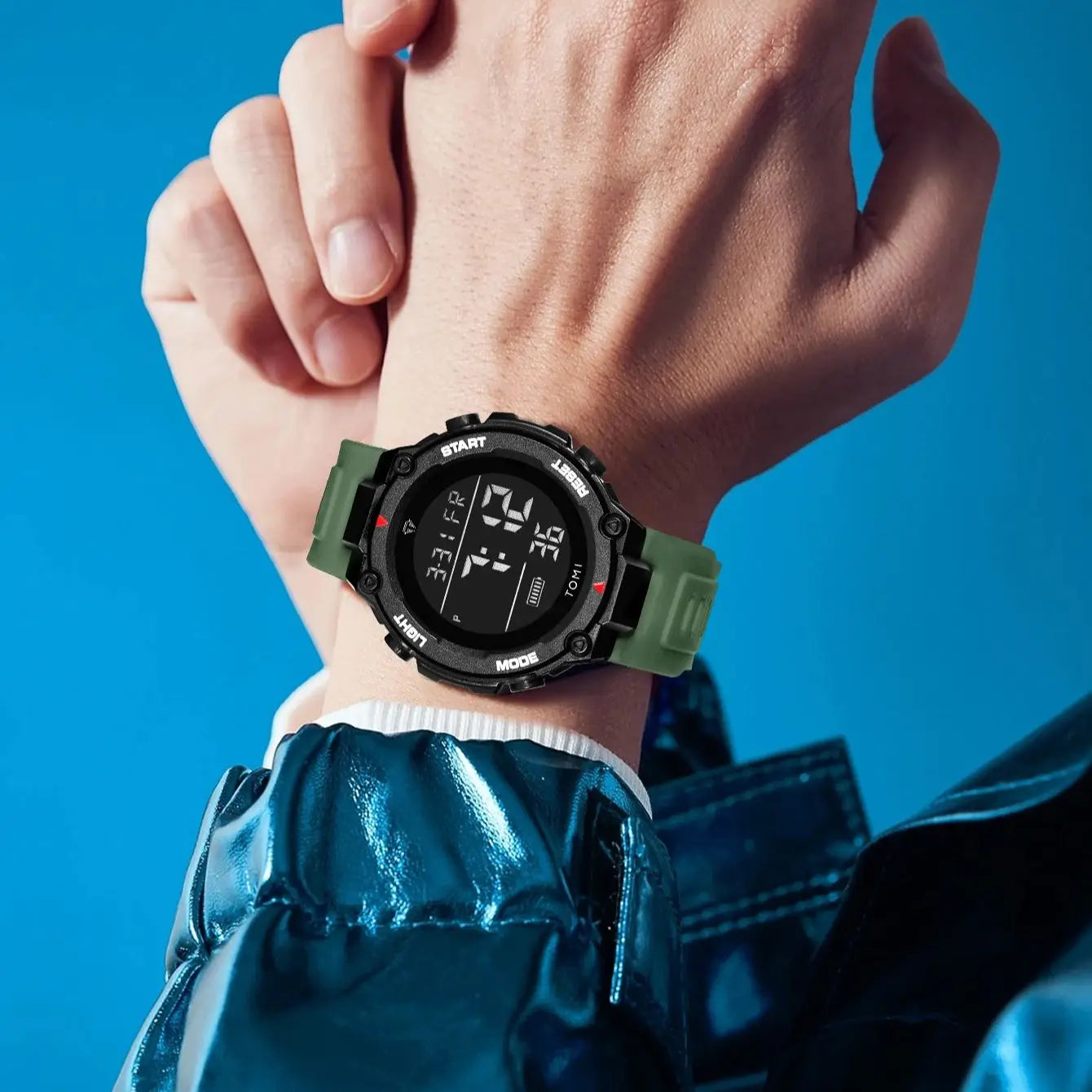 TOMI Tactical Digital Watch Military Green Black 4-Button Sport Modes Shockproof Waterproof Outdoor Hiking