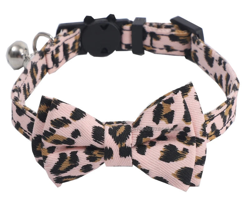 Pet Leopard Cat Collar with Bell Adjustable Puppy Bow Necklace Outdoor Safety Anti-choking for Small Pets Walking Accessories