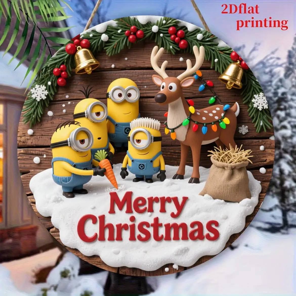 Christmas Minions Wooden Yard Sign Round Sign Creative Decorative Sign Suitable For Home Garden Terrace Snow House Decoration