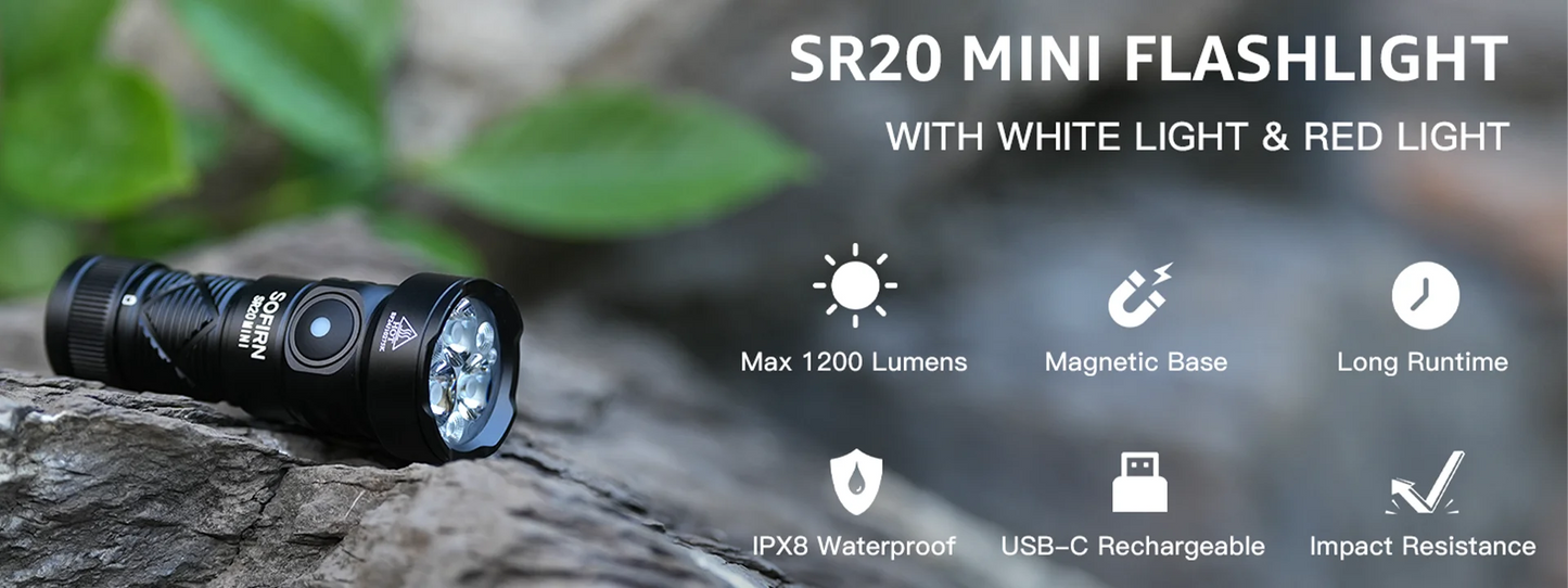 Sofirn SR20 MINI 1200lm Flashlight 18350 White and Red LED Light for Camping, Hunting, and Emergency Situations IP68 Waterproof