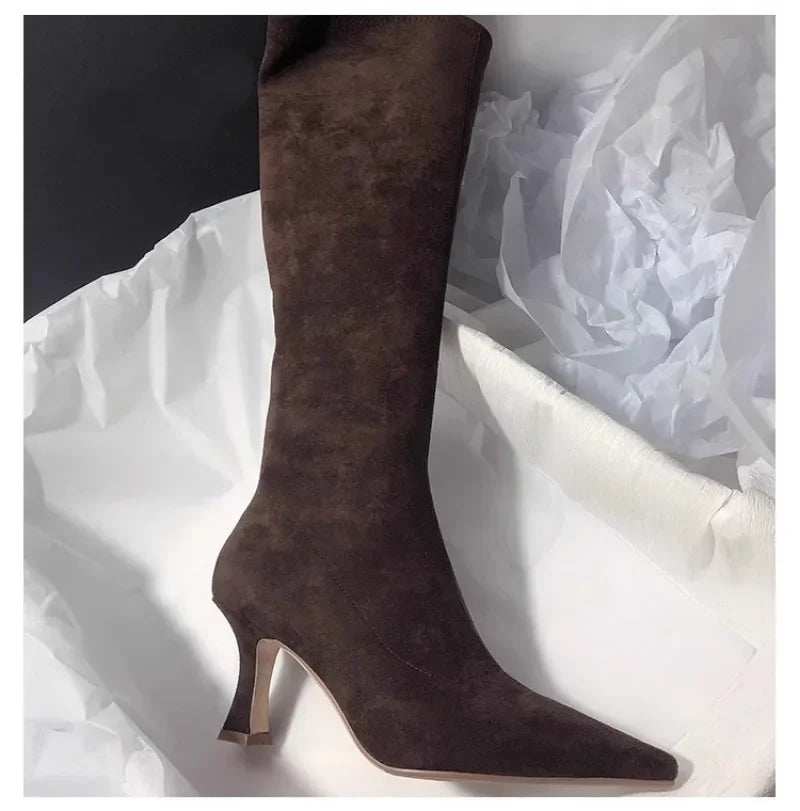 Pointed Toe Knee-High Boot Sexy Thigh High Boots Womens Side Zipper Suede Elastic High Heels Modern Shoe Zapatos De Mujer