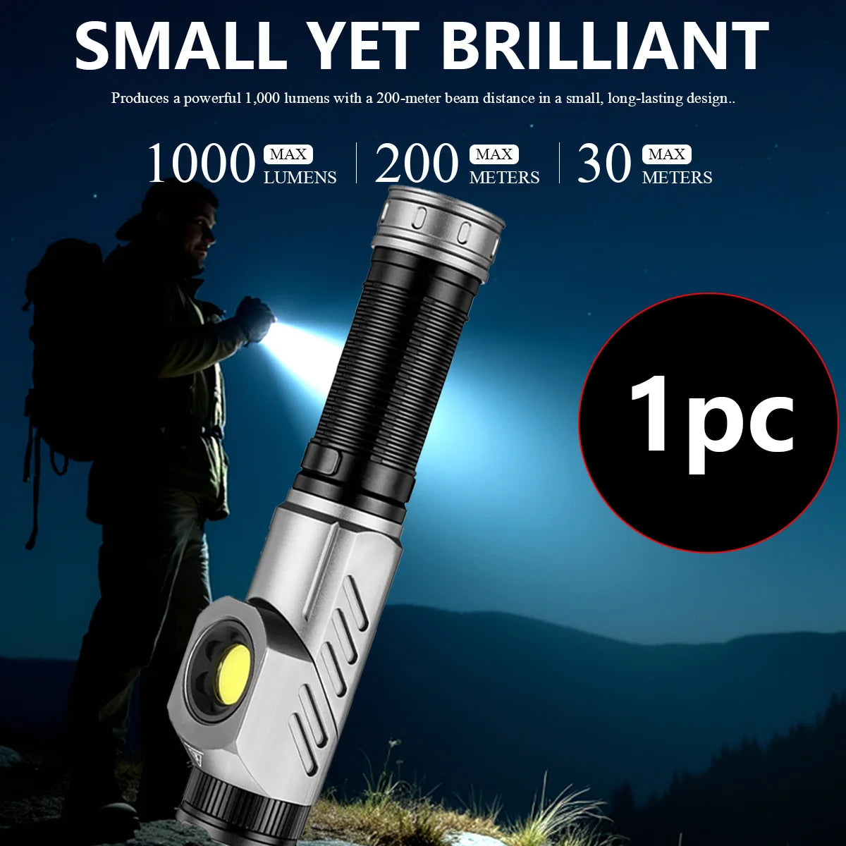 Rotating Flashlight 1300 Lumens USB Rechargeable 4500mAh Removable Battery Aluminum Alloy with Swivel Head Magnetic Base Clip Ad