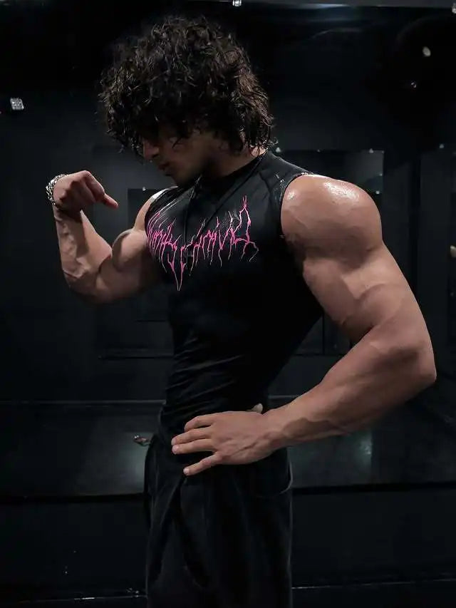 GYM T-shirt Men's Dark Gothic Print Muscle Tee High Elasticity And Quick Drying Exercise For Bodybuilding Training 2025 Summer