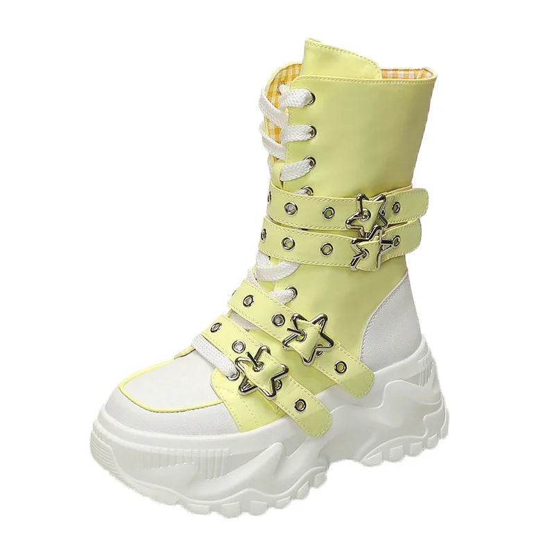 Women's Platform Boots New Round Head Belt Buckle Locomotive Boots European and American Thick-soled Boots for Women Botas Mujer