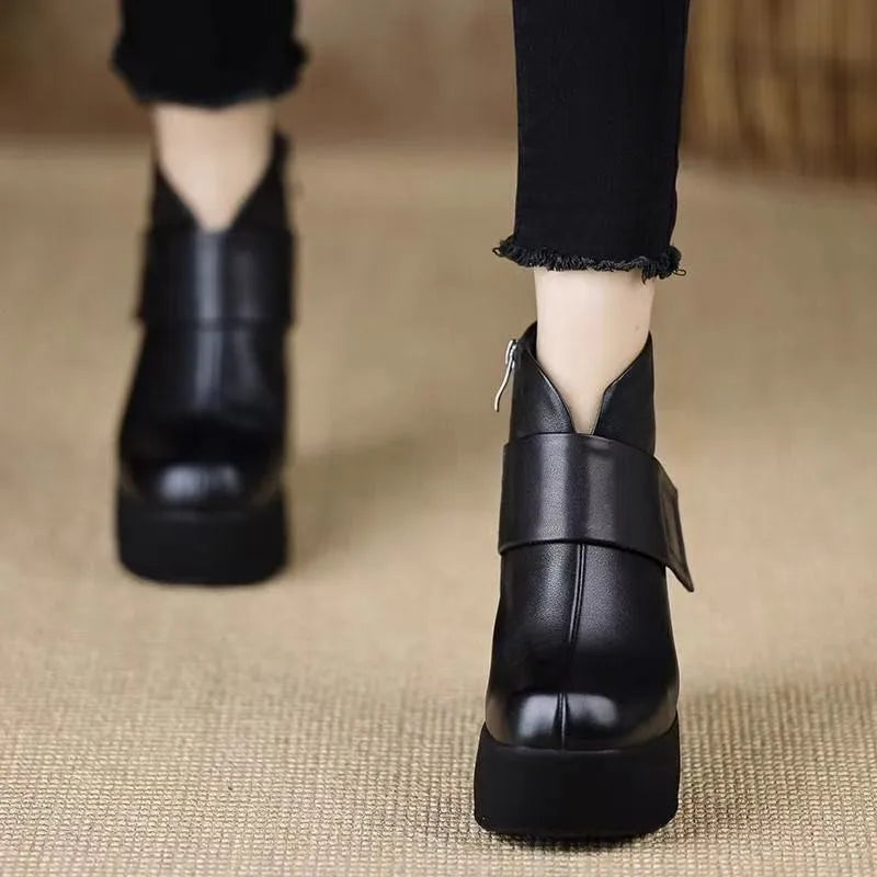 High Heeled Single Boots Women's Fashion Round Toe Side Zipper Platform Anti-Slip Wear-Resistant Short Shoe