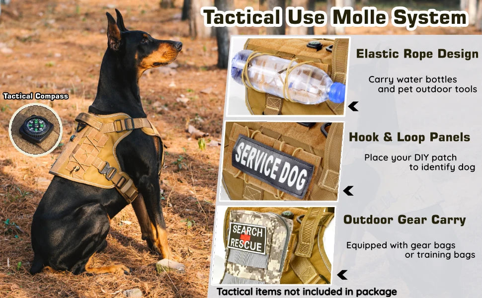 Tactical Dog Harness, two Metal Buckle Heavy Duty Dog Harness with Do Not Pet nameplate Patch, Reflective Military Dog Harness