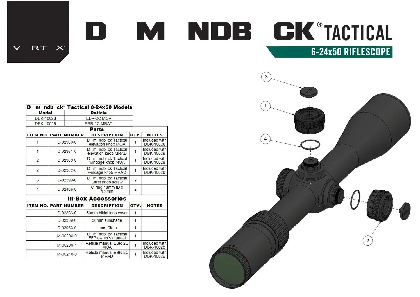 Original V*RT*X Optics D**M*NDB*CK Tactical 6-24X50 First Focal Plane(FFP) Riflescopes EBR-2C(MRAD) Reticle 30mm Tube Scope