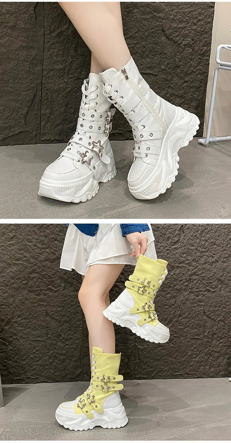 Women's Platform Boots New Round Head Belt Buckle Locomotive Boots European and American Thick-soled Boots for Women Botas Mujer