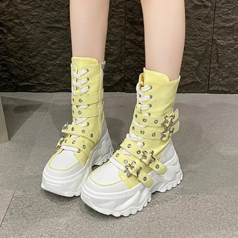 Women's Platform Boots New Round Head Belt Buckle Locomotive Boots European and American Thick-soled Boots for Women Botas Mujer