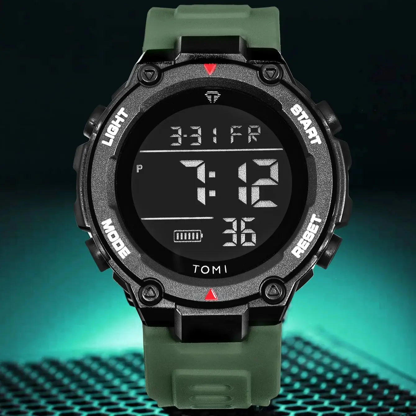TOMI Tactical Digital Watch Military Green Black 4-Button Sport Modes Shockproof Waterproof Outdoor Hiking