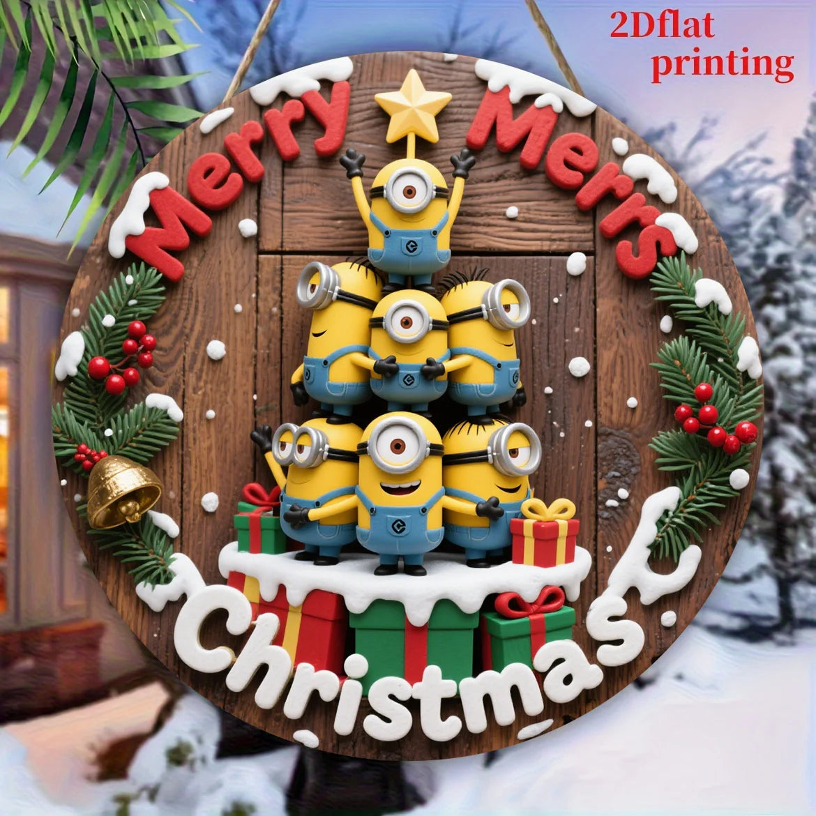 Christmas Minions Wooden Yard Sign Round Sign Creative Decorative Sign Suitable For Home Garden Terrace Snow House Decoration