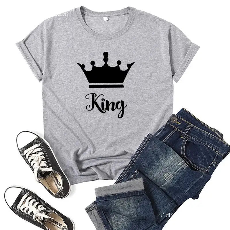 King Queen Crown Print Couple T Shirt Short Sleeve O Neck Wo Women Clothing Graphic T Shirts