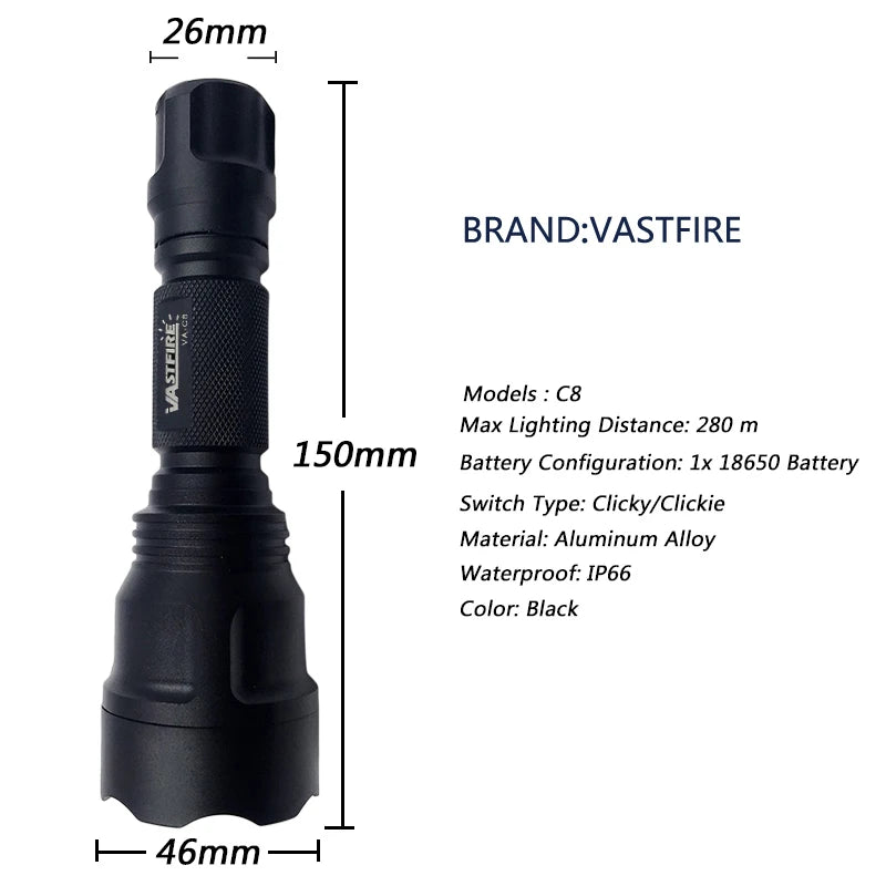 Tactical Hunting Flashlight 1 Mode Torch with Weaver Rail Scope Mount+Pressure Switch+18650 Battery+USB Charger