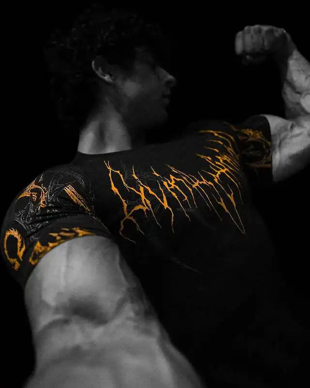 GYM T-shirt Men's Dark Gothic Print Muscle Tee High Elasticity And Quick Drying Exercise For Bodybuilding Training 2025 Summer