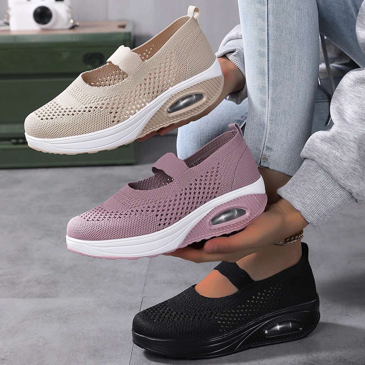 Round Toe Knitted Women'S Shoes With Thick Soles And Elevated Height, Single Shoe Size 35-43, Summer Breathable Casual Shoes