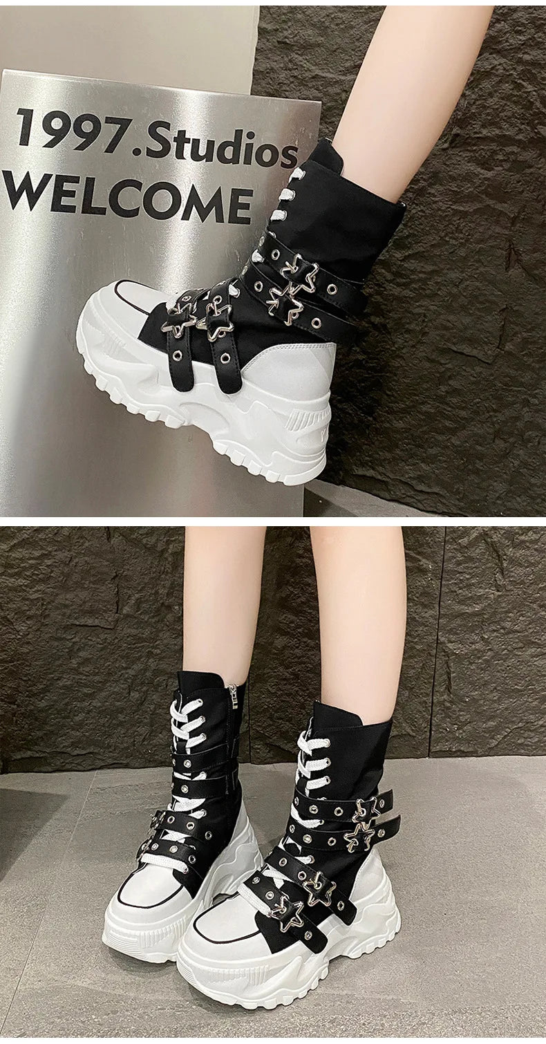 Women's Platform Boots New Round Head Belt Buckle Locomotive Boots European and American Thick-soled Boots for Women Botas Mujer