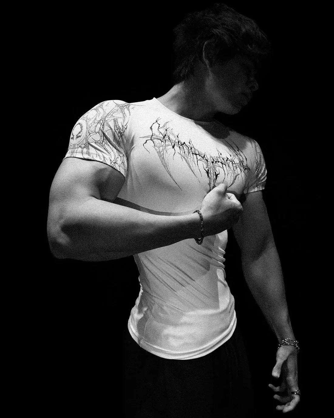 GYM T-shirt Men's Dark Gothic Print Muscle Tee High Elasticity And Quick Drying Exercise For Bodybuilding Training 2025 Summer
