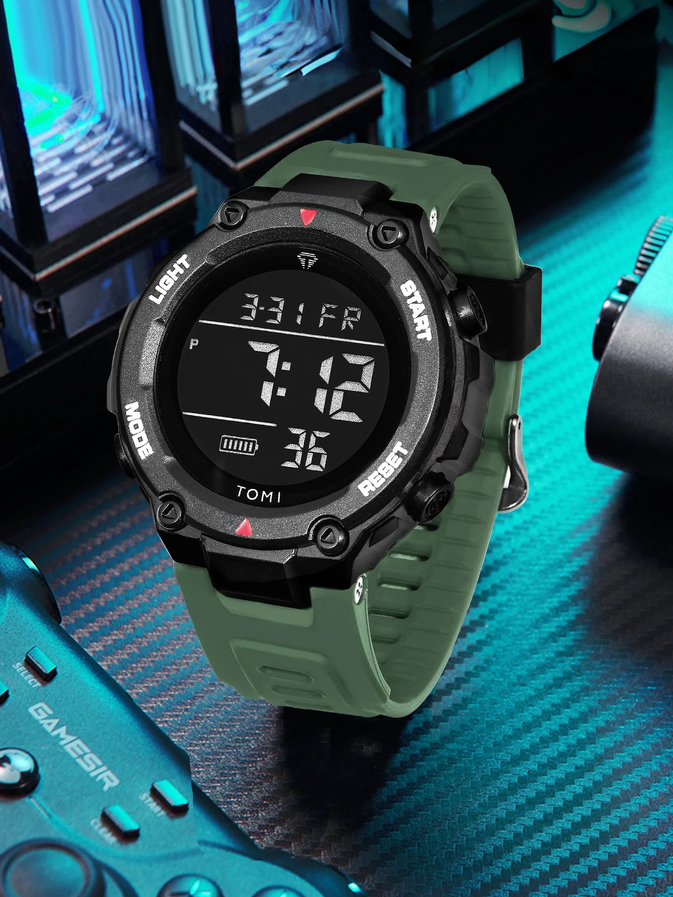 TOMI Tactical Digital Watch Military Green Black 4-Button Sport Modes Shockproof Waterproof Outdoor Hiking