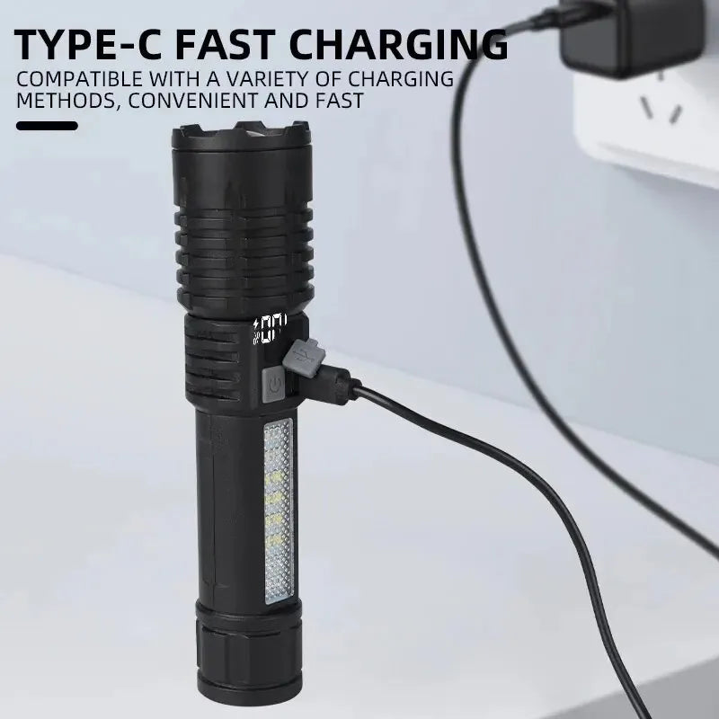 Tactical LED Flashlight High Power USB Rechargeable Camping Torch with Telescopic Zoom Emergency Spotlight Built-in Battery