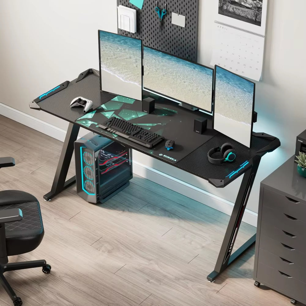 Z-Shaped Gaming Desk 60-Inch, RGB LED Computer Desk with Built-In Mouse Pad, Ergonomic PC Gaming Table