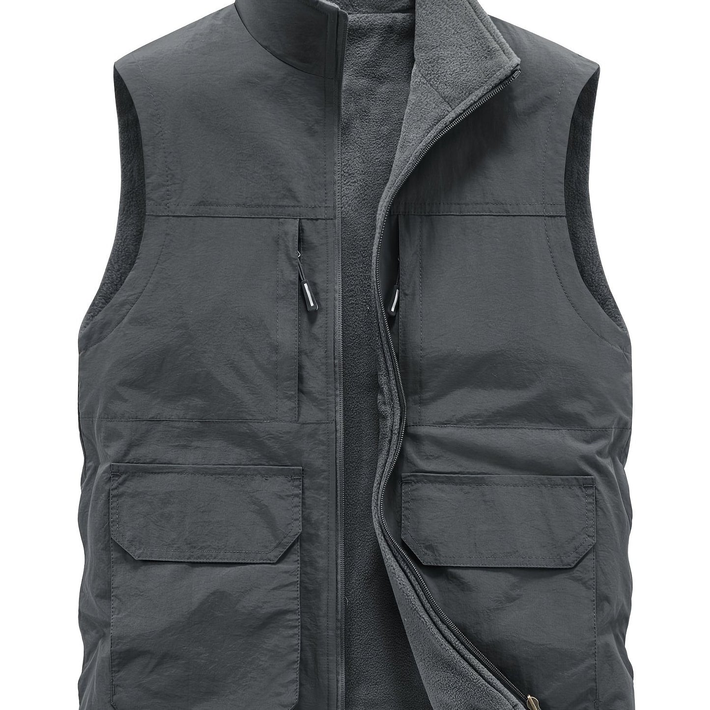 Multi Pockets Reversible Cargo Vest, Men's Casual Outwear Stand Collar Zip Up Vest For Outdoor Fishing Photography