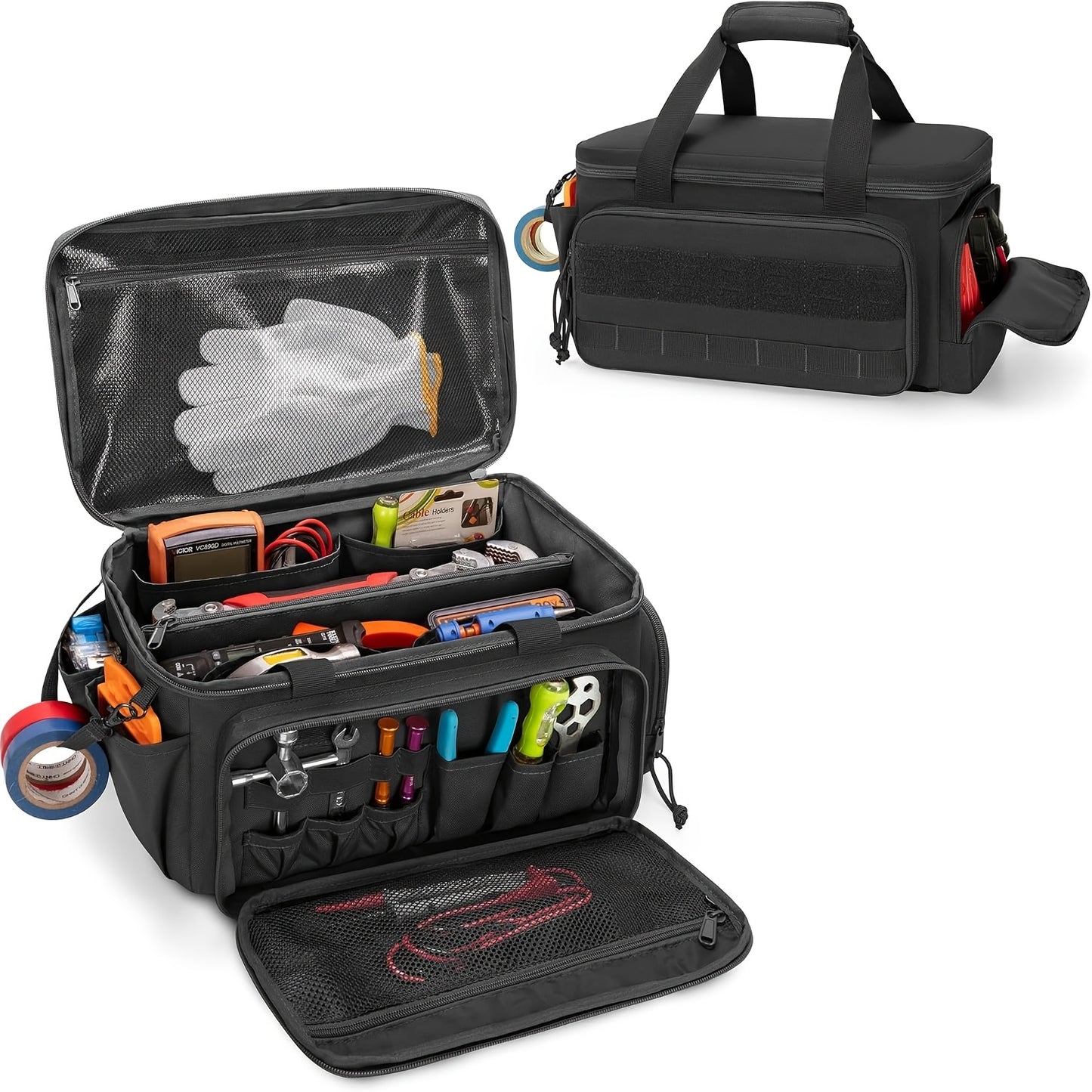 Heavy-duty 14-inch tactical tool bag with scratch-resistant bottom, durable black work case suitable for electricians, maintenance personnel, and craftsmen - essential multi-compartment tool storage pouch