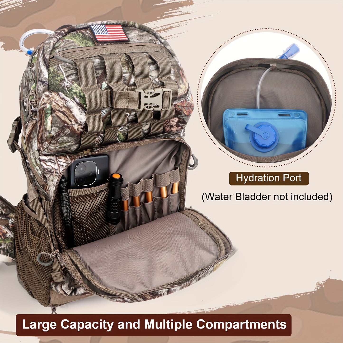 Moishow Hunting Backpack, Camo Hunting Backpacks for Men, Silent Hunting Pack with Bow & Rifle Holder, Hunting Day Pack for Rifle Bow Gun, Hunting Bag
