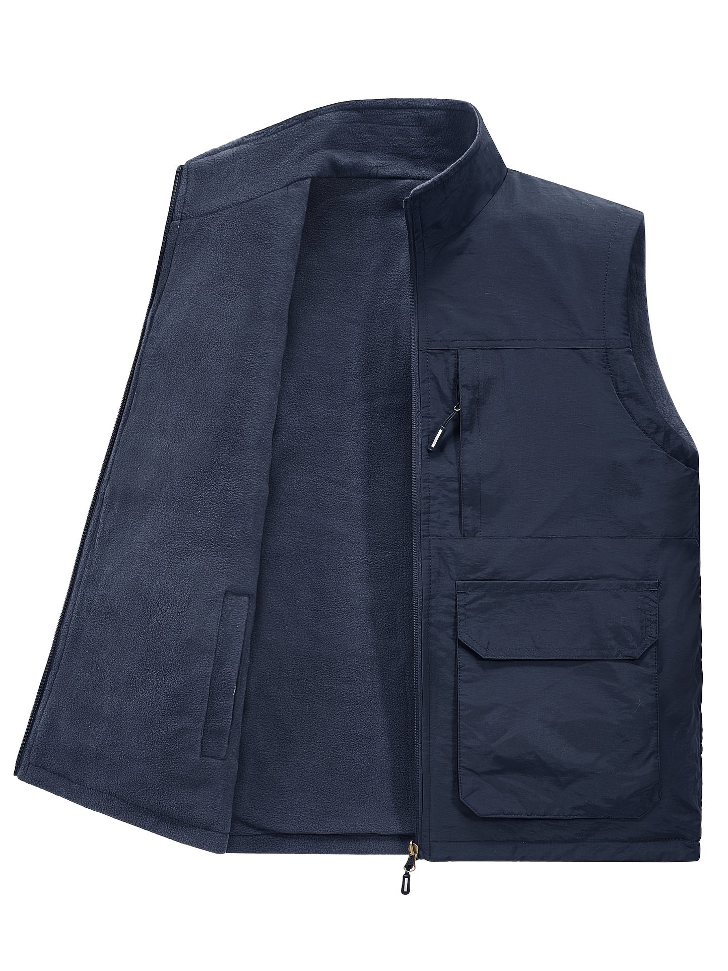 Multi Pockets Reversible Cargo Vest, Men's Casual Outwear Stand Collar Zip Up Vest For Outdoor Fishing Photography
