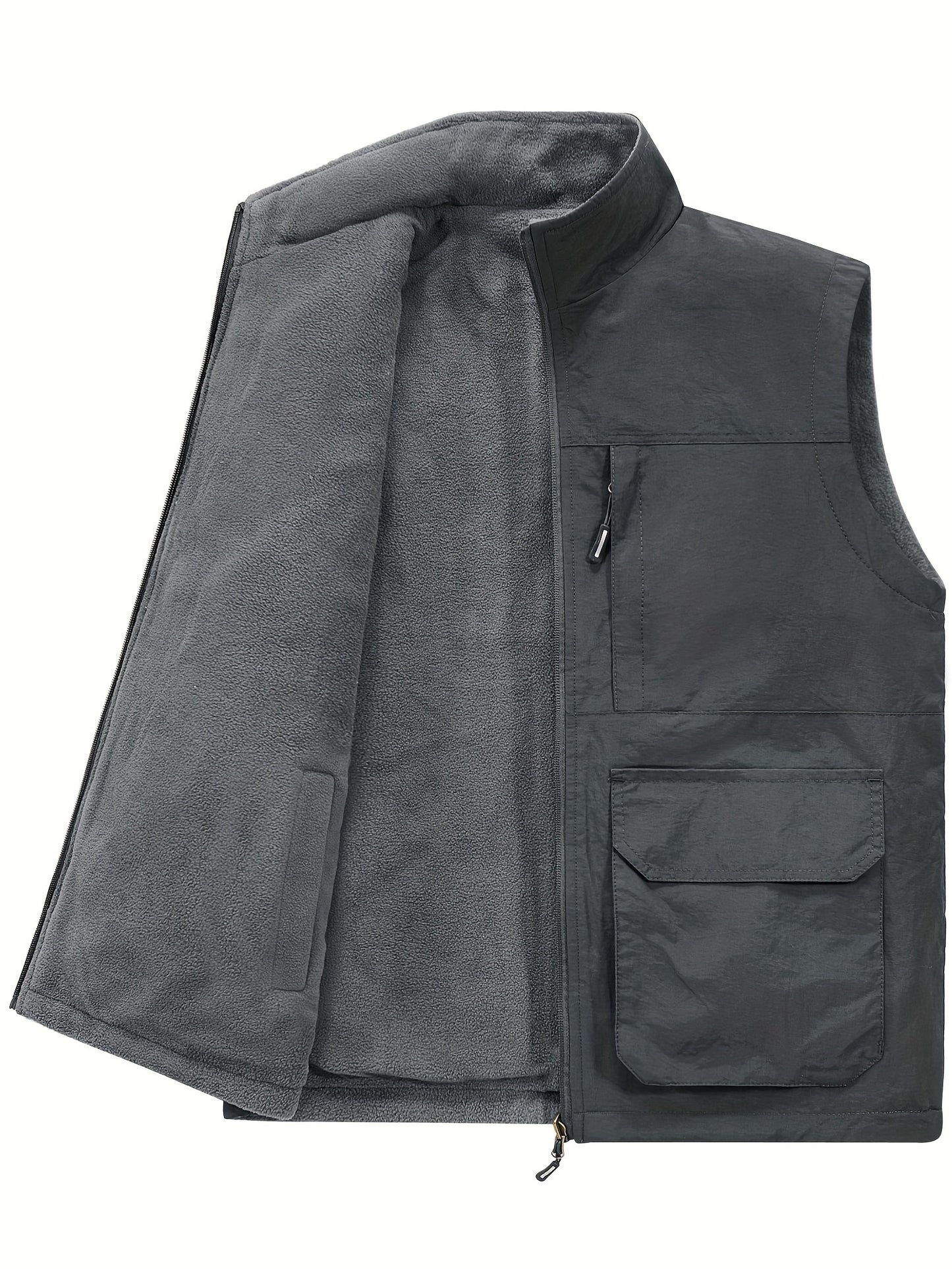 Multi Pockets Reversible Cargo Vest, Men's Casual Outwear Stand Collar Zip Up Vest For Outdoor Fishing Photography