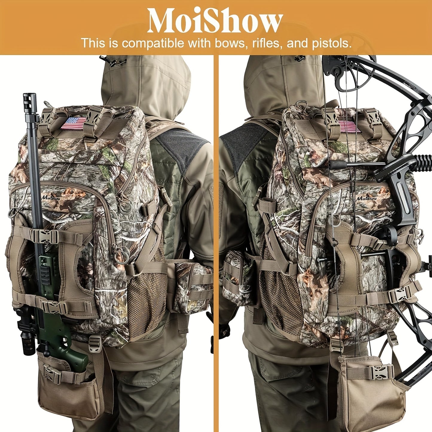 Hunting Backpack, Camo Hunting Pack with Rain Cover, Long-Lasting Large Capacity Hunting Day Pack for Rifle Bow Gun