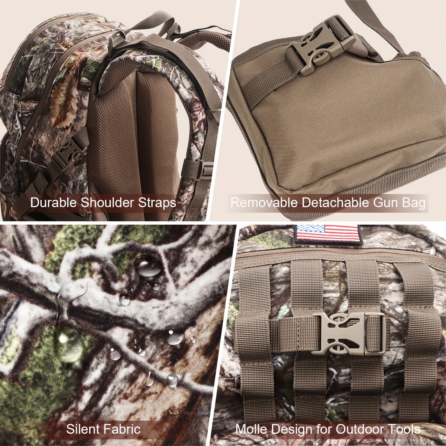 Moishow Hunting Backpack, Camo Hunting Backpacks for Men, Silent Hunting Pack with Bow & Rifle Holder, Hunting Day Pack for Rifle Bow Gun, Hunting Bag