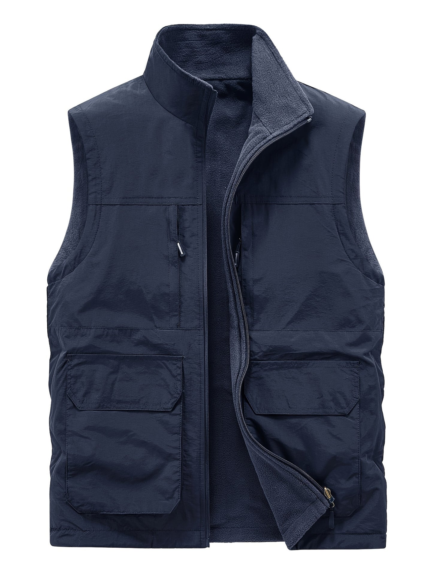 Multi Pockets Reversible Cargo Vest, Men's Casual Outwear Stand Collar Zip Up Vest For Outdoor Fishing Photography