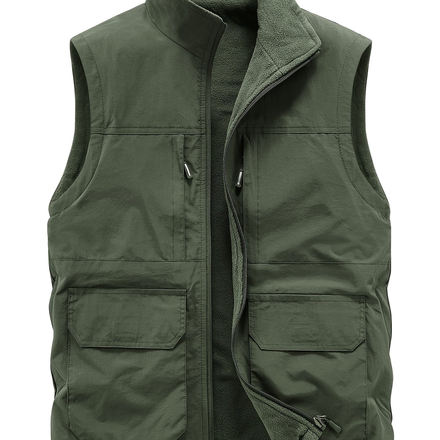 Multi Pockets Reversible Cargo Vest, Men's Casual Outwear Stand Collar Zip Up Vest For Outdoor Fishing Photography