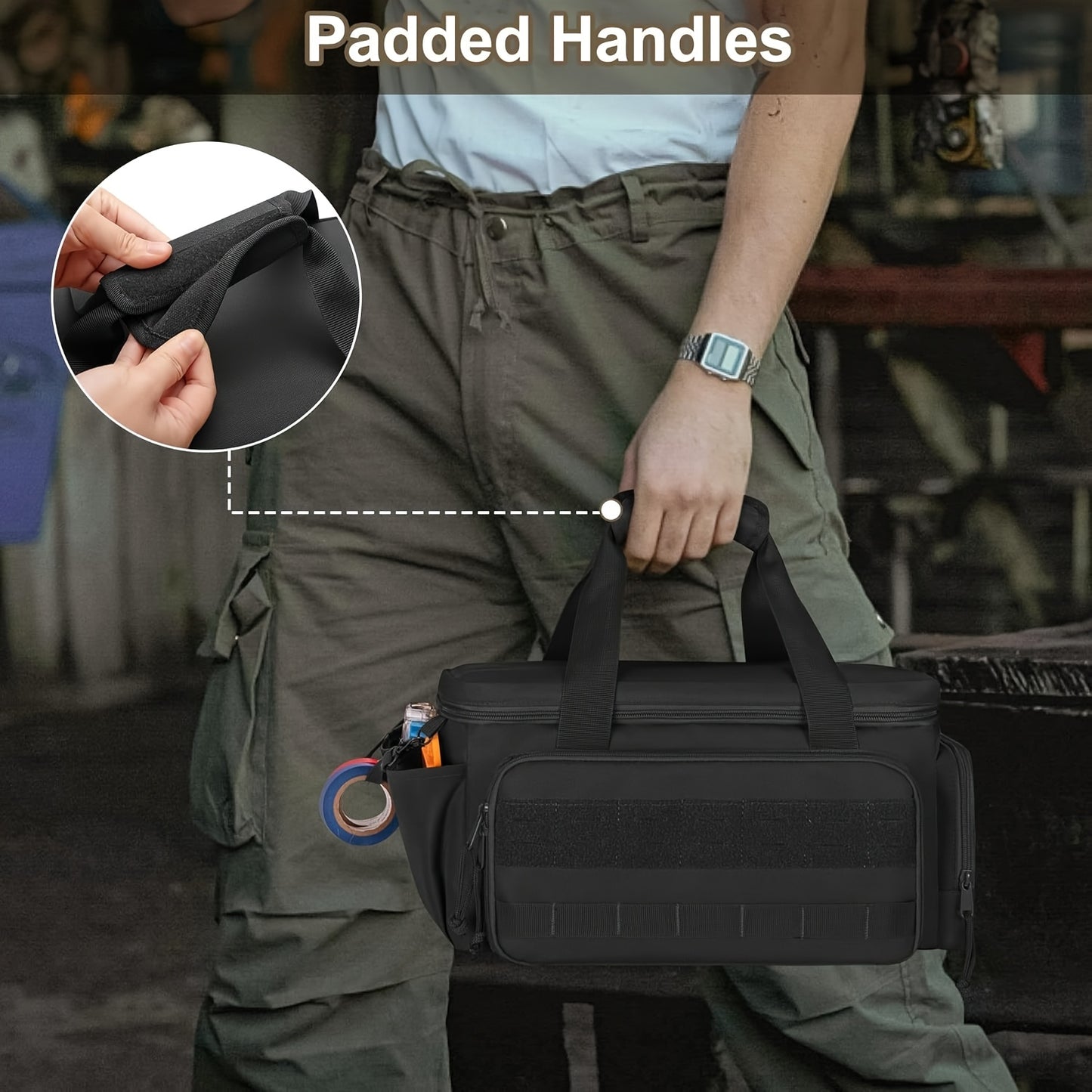 Heavy-duty 14-inch tactical tool bag with scratch-resistant bottom, durable black work case suitable for electricians, maintenance personnel, and craftsmen - essential multi-compartment tool storage pouch