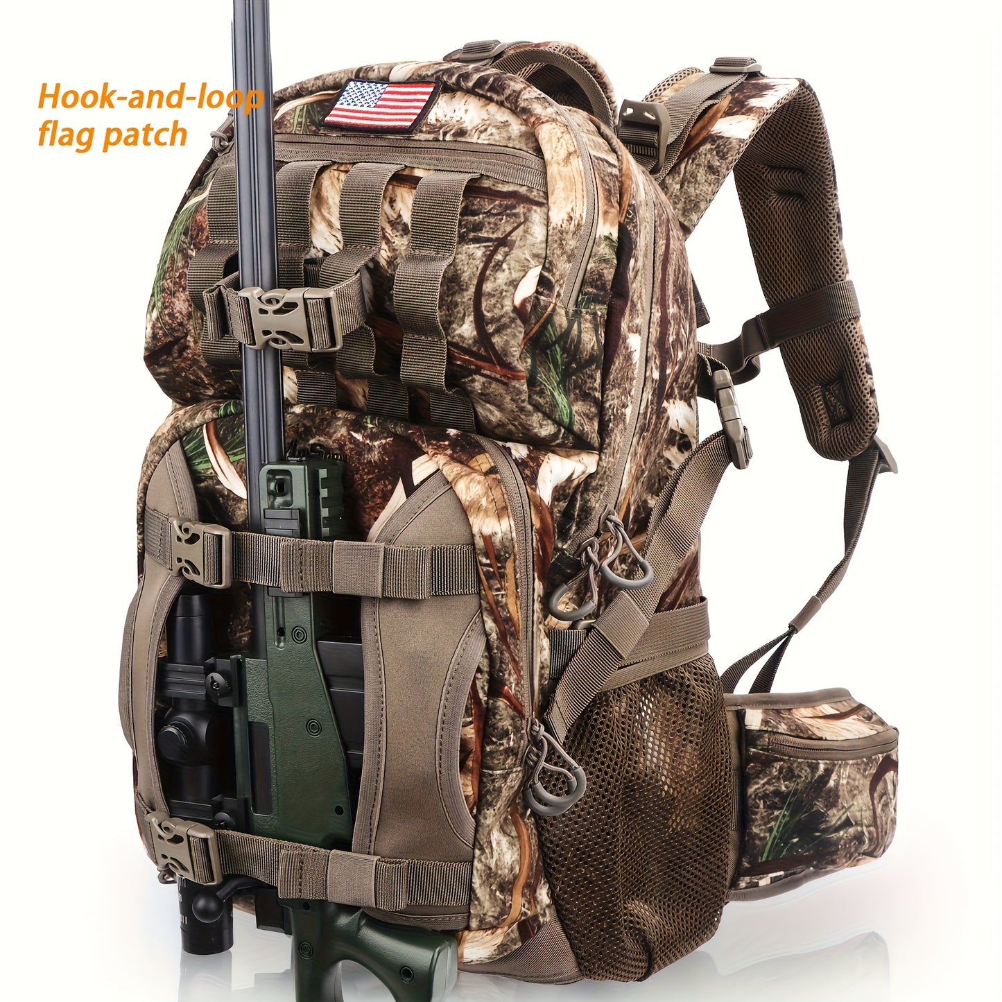 Moishow Hunting Backpack, Camo Hunting Backpacks for Men, Silent Hunting Pack with Bow & Rifle Holder, Hunting Day Pack for Rifle Bow Gun, Hunting Bag