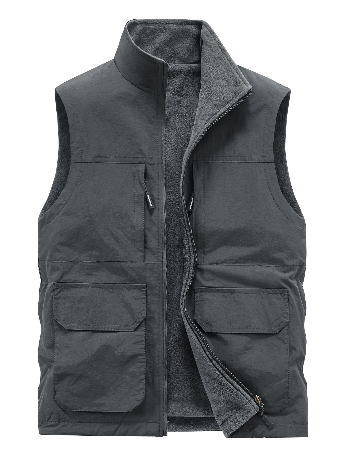 Multi Pockets Reversible Cargo Vest, Men's Casual Outwear Stand Collar Zip Up Vest For Outdoor Fishing Photography