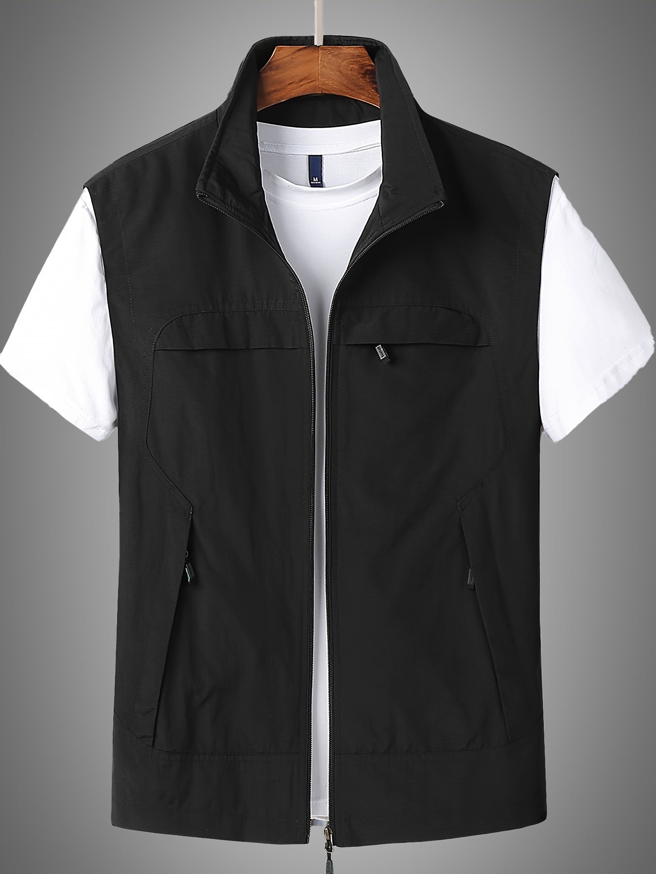 Solid Casual Nylon Men's Zip Up Sleeveless Vest Jacket, Men's Breathable Summer Outdoor Jacket With Multiple Zipper Pockets, Hiking Fishing Camping
